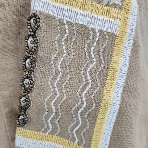 Chicos Women's Diamond Artisan Embroidered Linen Open Front Jacket Boho Brown - Picture 5 of 7